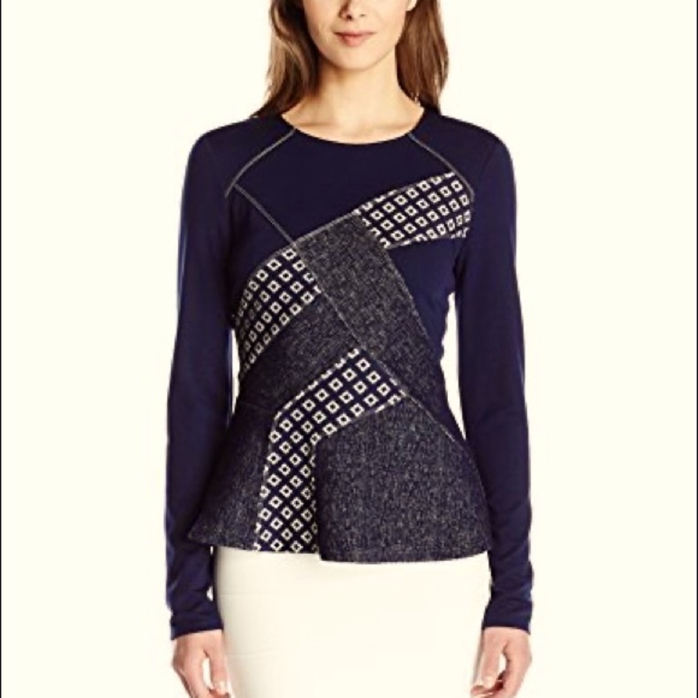 BCBG Maygan Patchwork Long Sleeve Top size Small in Navy and Light Beige